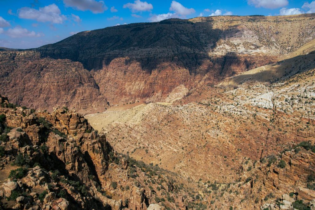 A breathtaking view of the rugged terrain and deep valleys in Dana Biosphere Reserve, Jordan.
